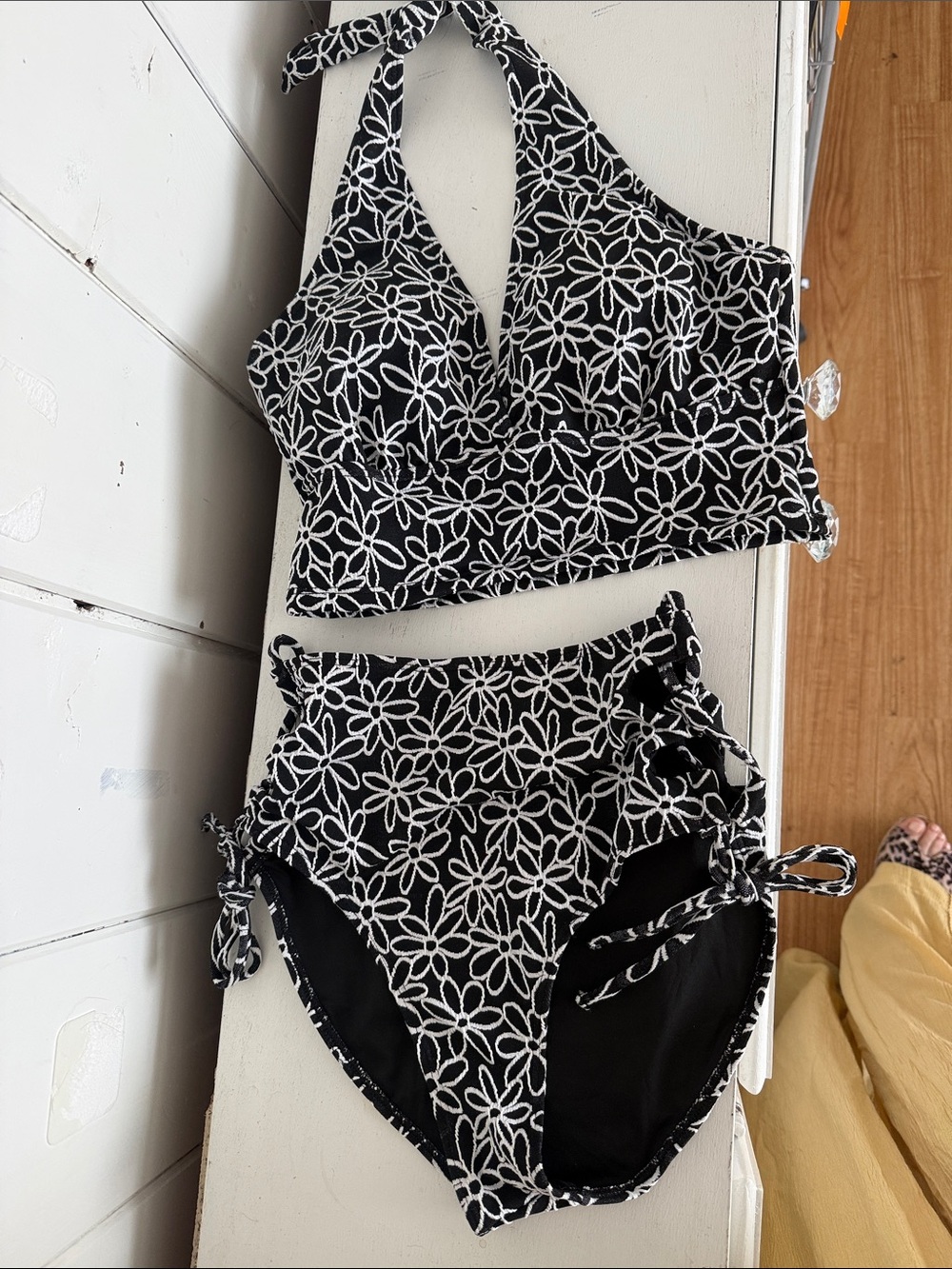 Black & White Floral High-Waist Halter Bikini Set